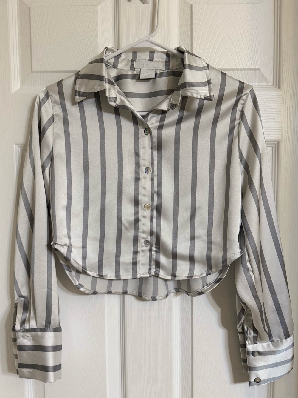 Life Is Good Striped Satin Cropped Button-Down in Gray and White